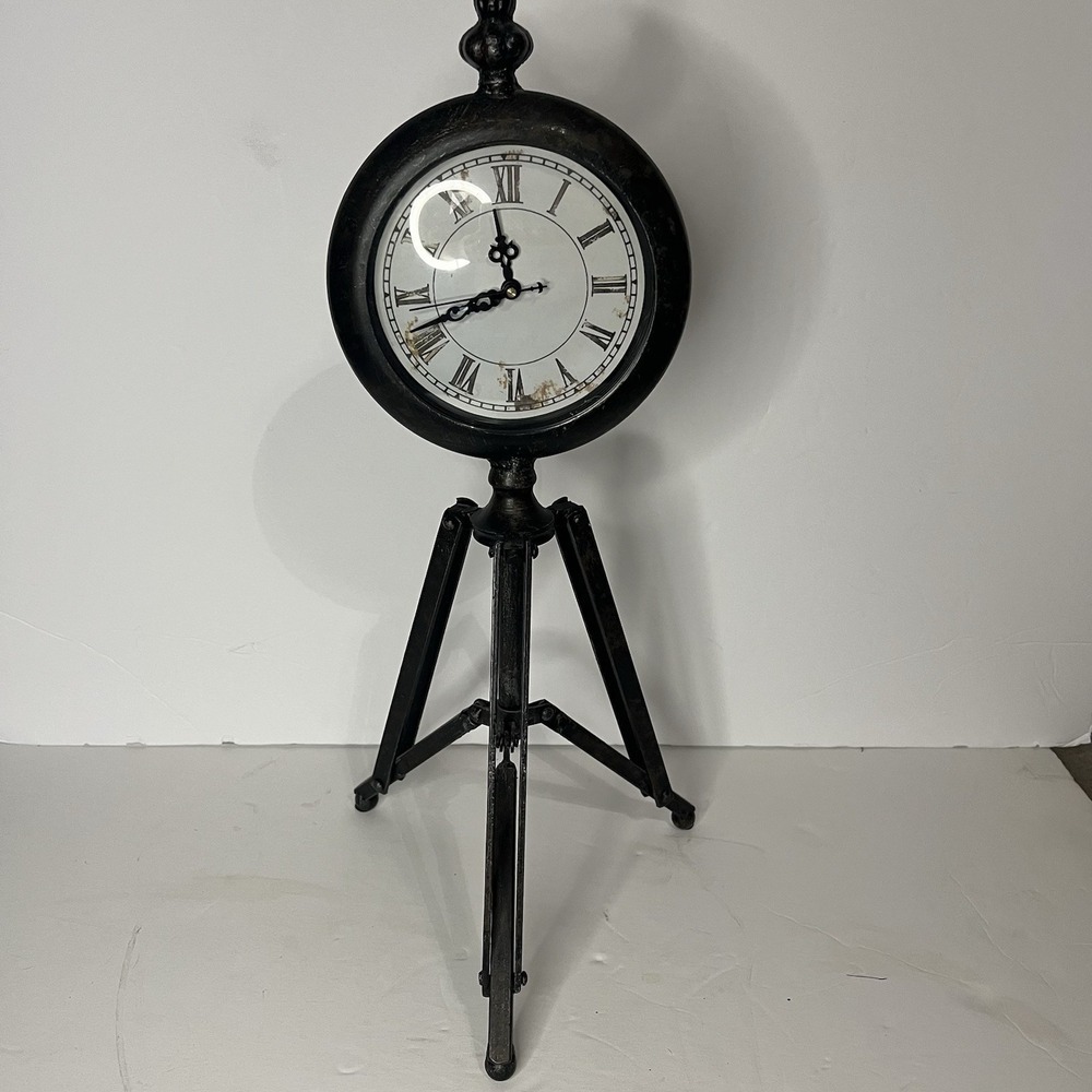 Metal Clock On Tripod Desk Top 18.5x9"